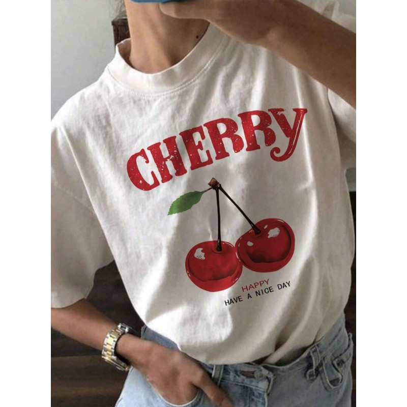 Summer Women Simple Cherry Letter Print Round Neck Short Sleeve T-Shirt