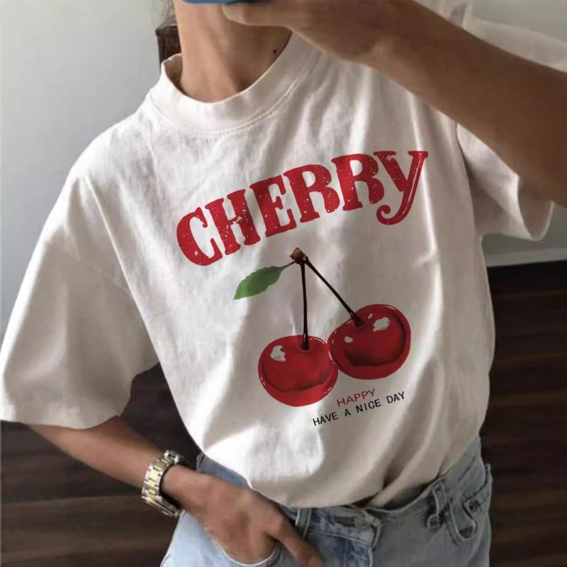 Summer Women Simple Cherry Letter Print Round Neck...