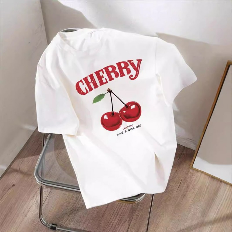 Summer Women Simple Cherry Letter Print Round Neck Short Sleeve T-Shirt