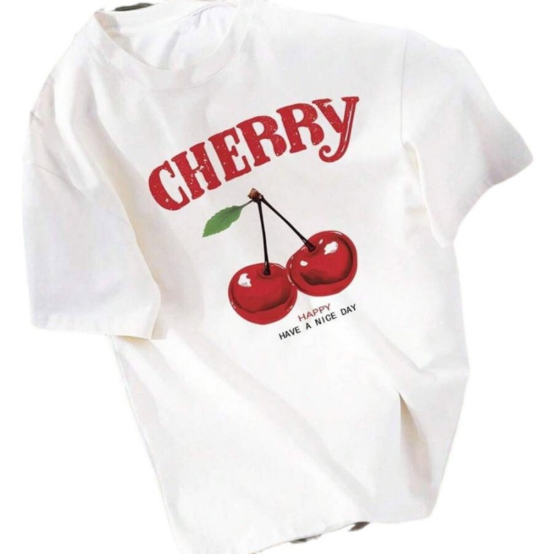 Summer Women Simple Cherry Letter Print Round Neck Short Sleeve T-Shirt