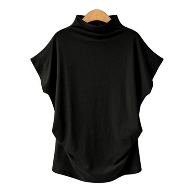 Women Simple Solid Color High Collar Short Sleeve Blank T-Shirt