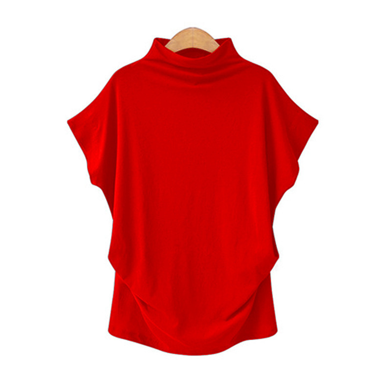 Women Simple Solid Color High Collar Short Sleeve Blank T-Shirt