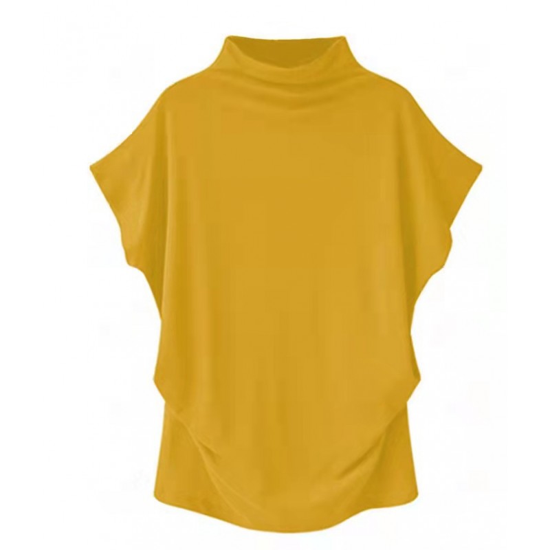 Women Simple Solid Color High Collar Short Sleeve Blank T-Shirt