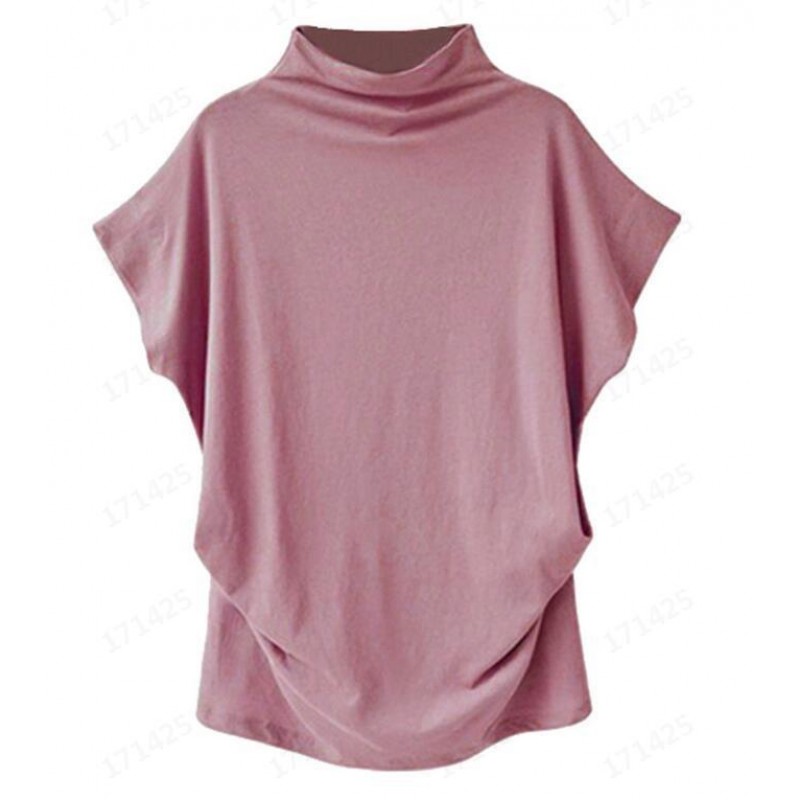 Women Simple Solid Color High Collar Short Sleeve Blank T-Shirt