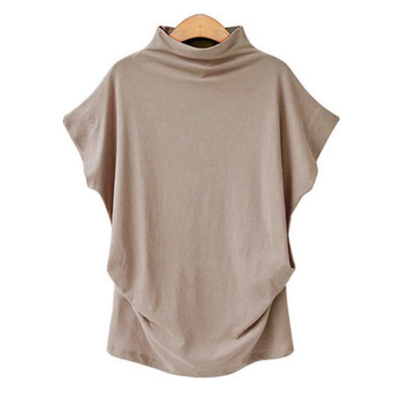 Women Simple Solid Color High Collar Short Sleeve Blank T-Shirt