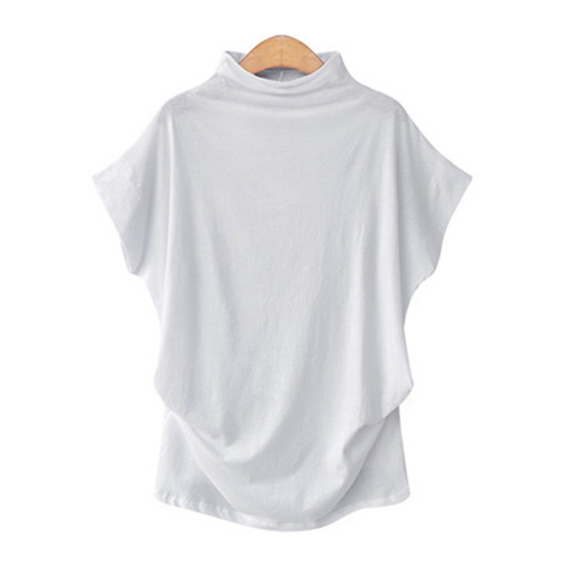 Women Simple Solid Color High Collar Short Sleeve Blank T-Shirt