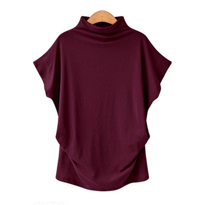 Women Simple Solid Color High Collar Short Sleeve Blank T-Shirt