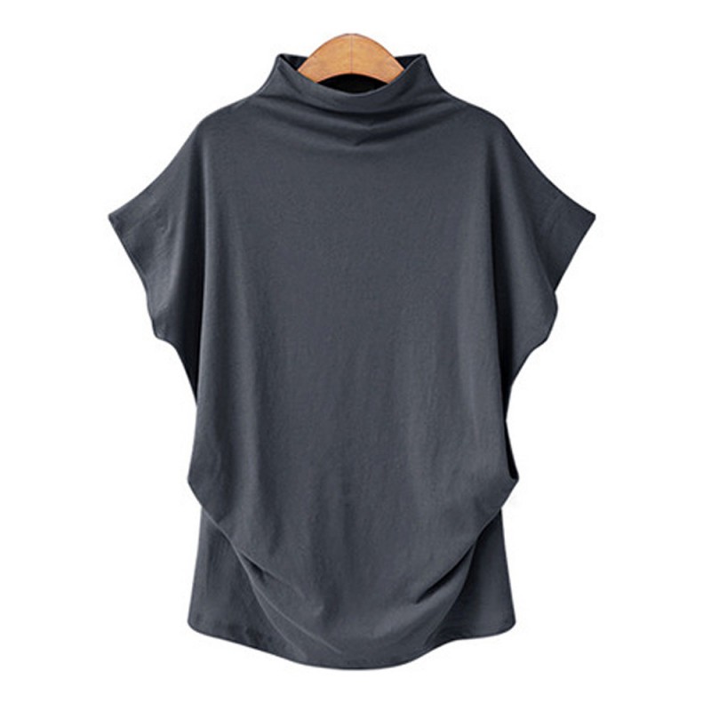 Women Simple Solid Color High Collar Short Sleeve Blank T-Shirt