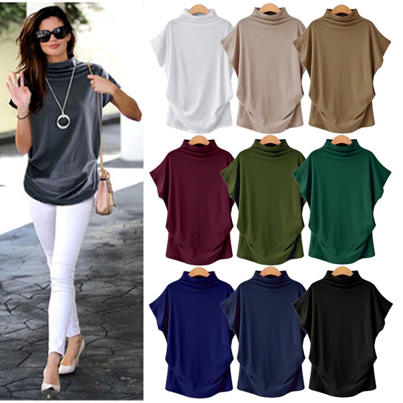 Women Simple Solid Color High Collar Short Sleeve Blank T-Shirt