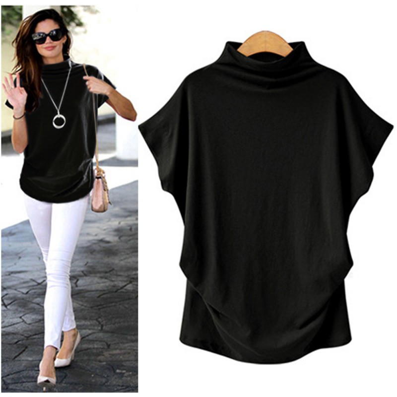 Women Simple Solid Color High Collar Short Sleeve ...