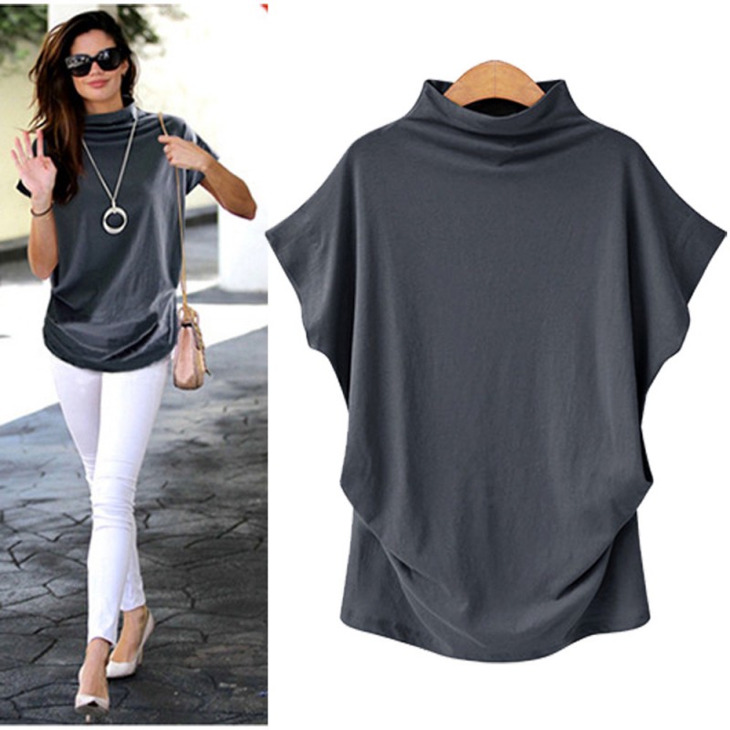 Women Simple Solid Color High Collar Short Sleeve Blank T-Shirt