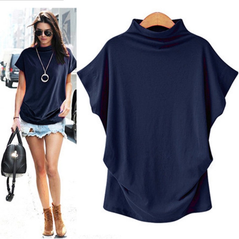 Women Simple Solid Color High Collar Short Sleeve Blank T-Shirt