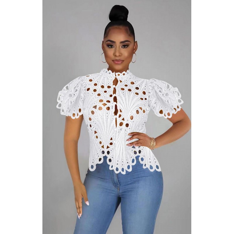 Autumn Women Hollow Lace Sexy Long Sleeve Breathable Knitted Blouse