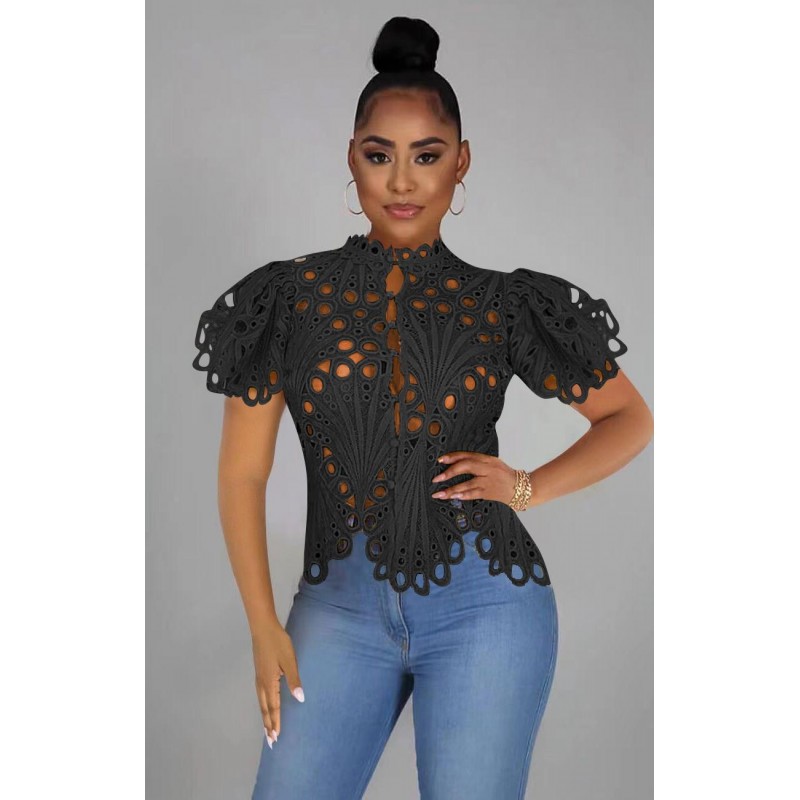 Autumn Women Hollow Lace Sexy Long Sleeve Breathable Knitted Blouse