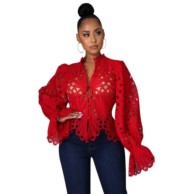 Autumn Women Hollow Lace Sexy Long Sleeve Breathable Knitted Blouse