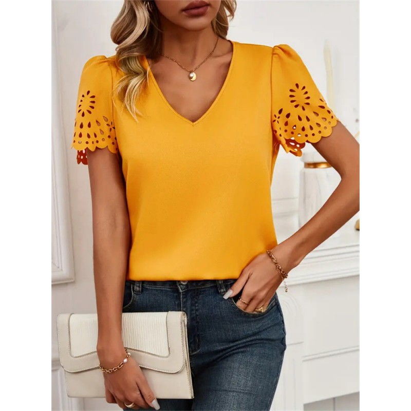 Women Casual Hollow Flower Hollow Short-Sleeved V Neck Blouse