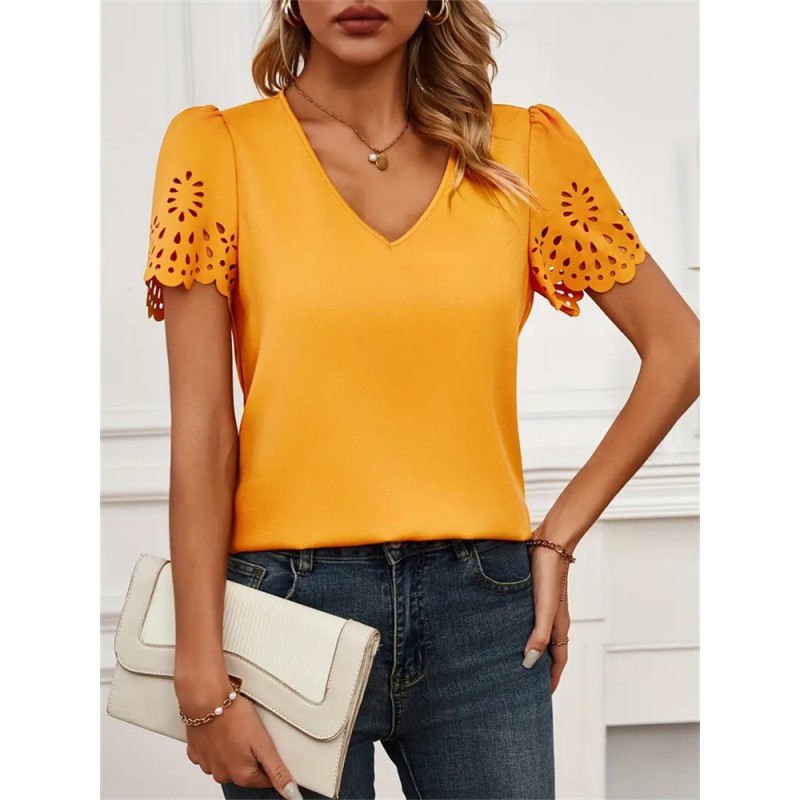 Women Casual Hollow Flower Hollow Short-Sleeved V Neck Blouse