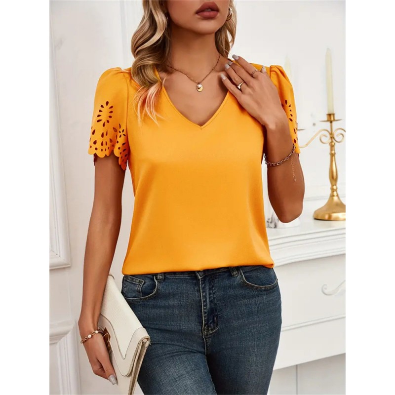 Women Casual Hollow Flower Hollow Short-Sleeved V Neck Blouse