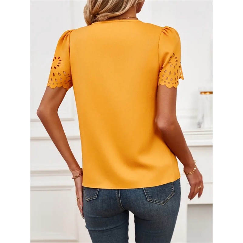 Women Casual Hollow Flower Hollow Short-Sleeved V Neck Blouse