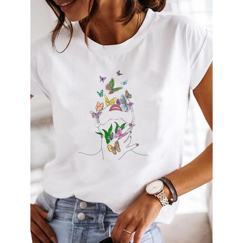 Summer Women Fashion Butterfly Heart Print Round Neck Short Sleeve T-Shirt