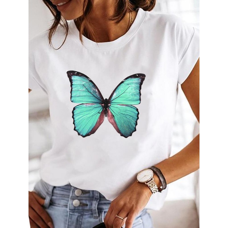 Summer Women Fashion Butterfly Heart Print Round Neck Short Sleeve T-Shirt