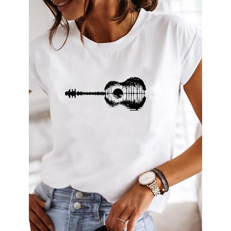 Summer Women Fashion Butterfly Heart Print Round Neck Short Sleeve T-Shirt