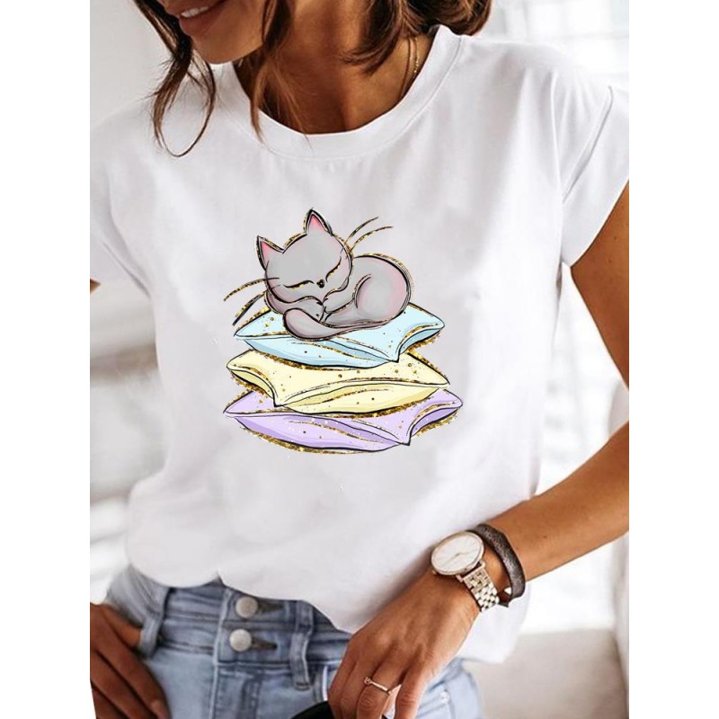 Summer Women Fashion Butterfly Heart Print Round Neck Short Sleeve T-Shirt