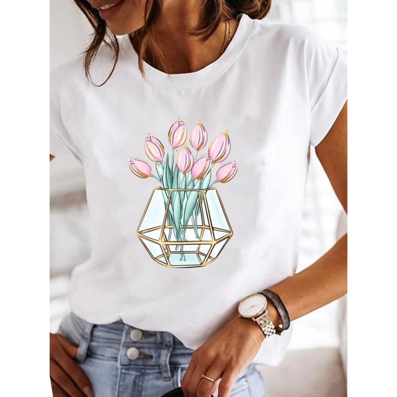 Summer Women Fashion Butterfly Heart Print Round Neck Short Sleeve T-Shirt