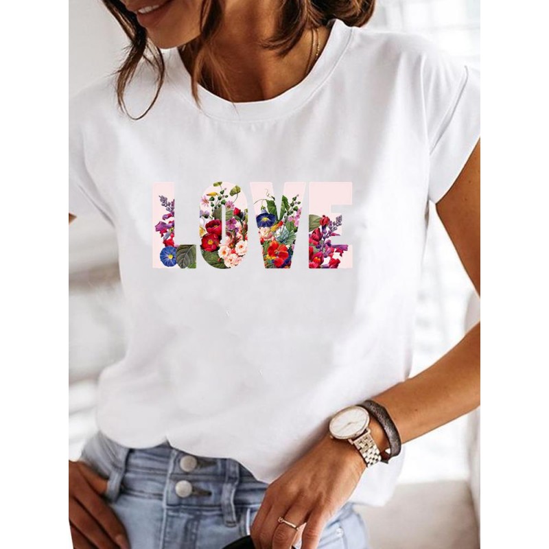 Summer Women Fashion Butterfly Heart Print Round Neck Short Sleeve T-Shirt