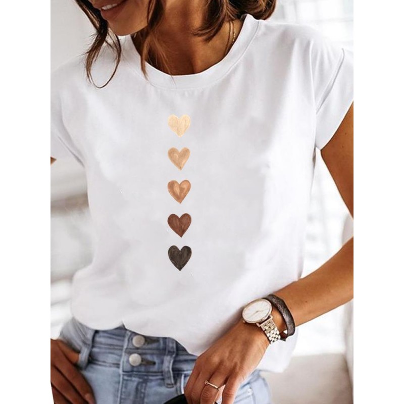 Summer Women Fashion Butterfly Heart Print Round Neck Short Sleeve T-Shirt