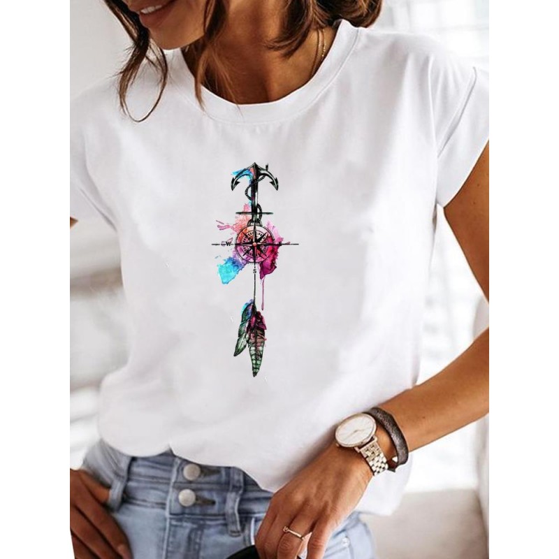 Summer Women Fashion Butterfly Heart Print Round Neck Short Sleeve T-Shirt