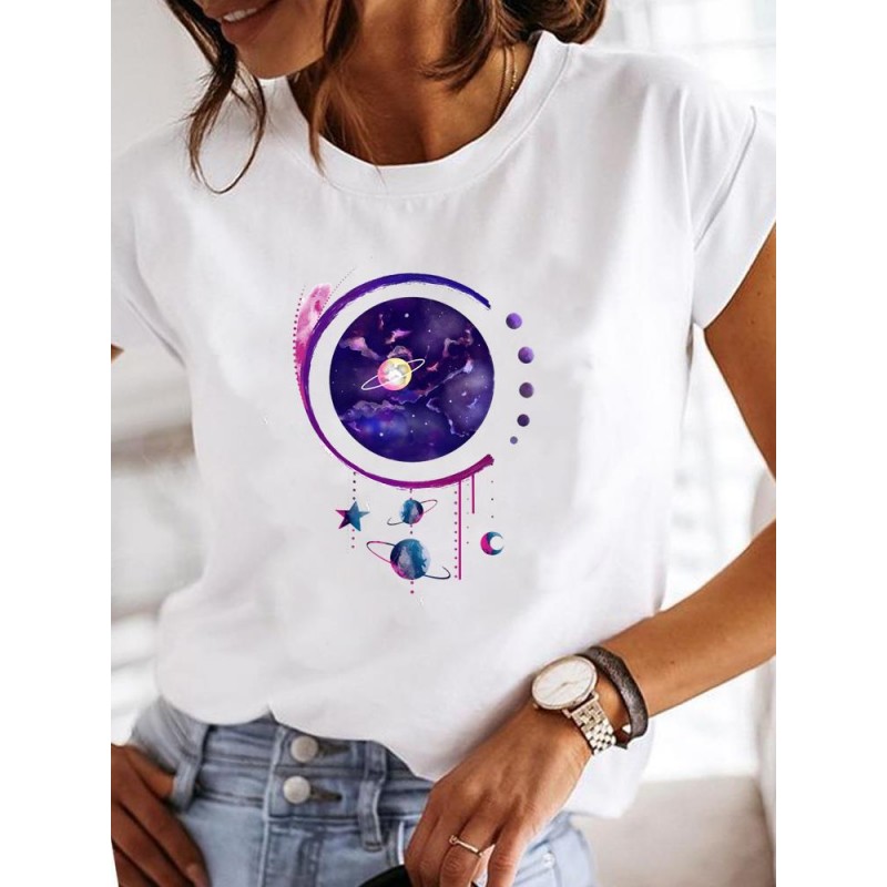 Summer Women Fashion Butterfly Heart Print Round Neck Short Sleeve T-Shirt