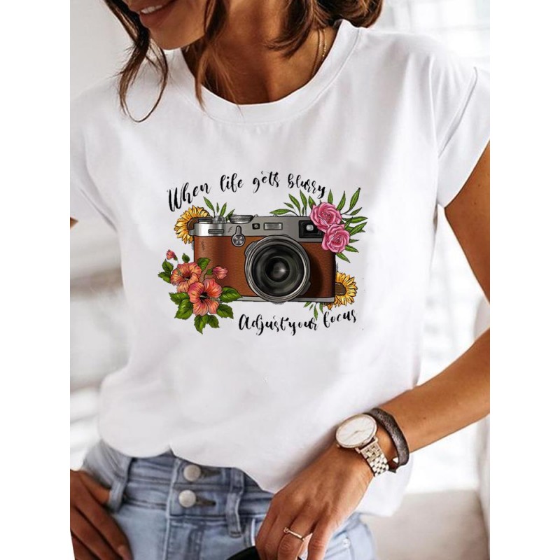 Summer Women Fashion Butterfly Heart Print Round Neck Short Sleeve T-Shirt