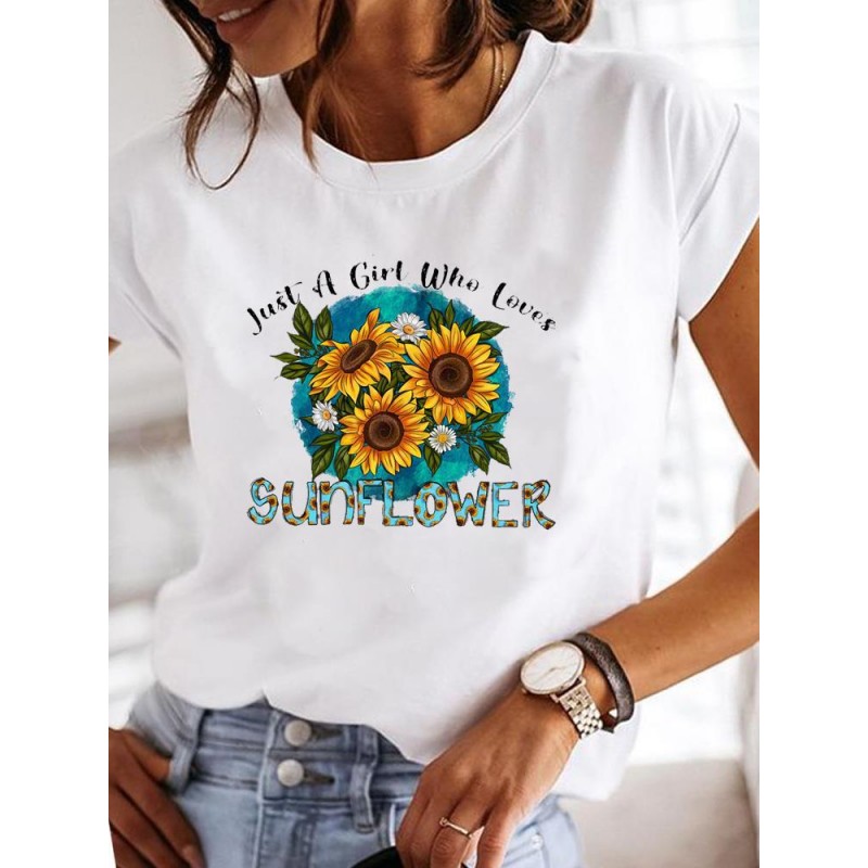 Summer Women Fashion Butterfly Heart Print Round Neck Short Sleeve T-Shirt