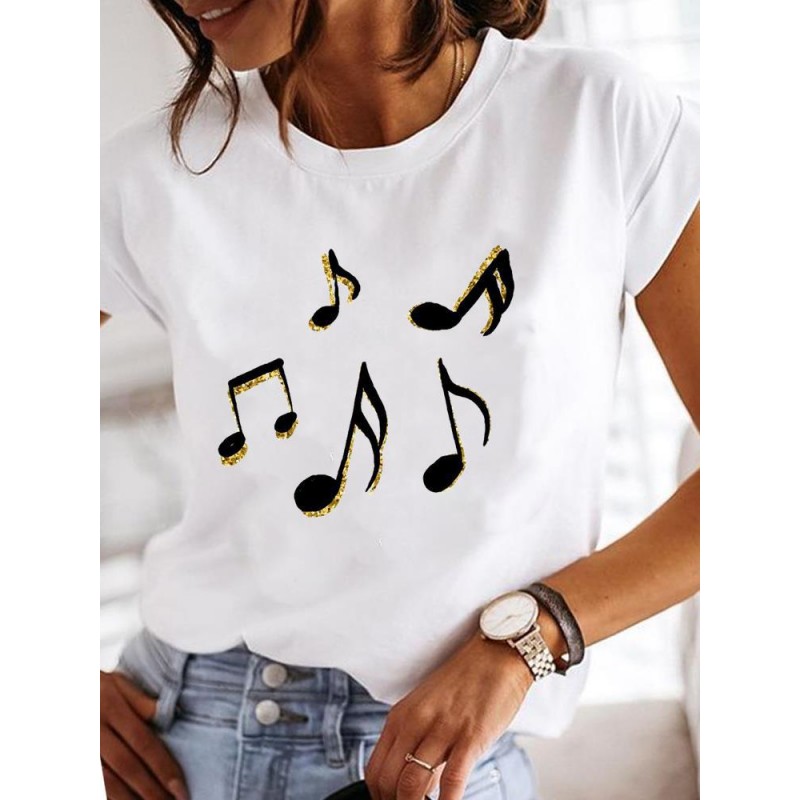 Summer Women Fashion Butterfly Heart Print Round Neck Short Sleeve T-Shirt