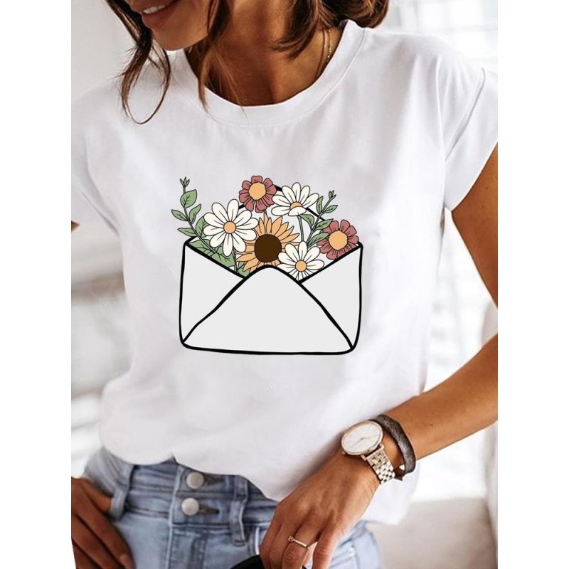 Summer Women Fashion Butterfly Heart Print Round Neck Short Sleeve T-Shirt