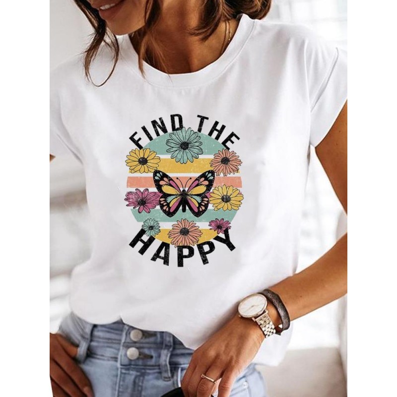 Summer Women Fashion Butterfly Heart Print Round Neck Short Sleeve T-Shirt