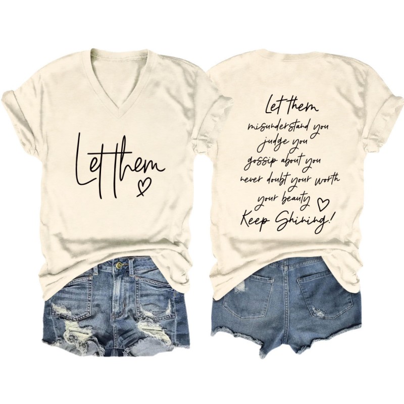 Summer Women Casual Double-Sided Letter Print V-Neck Short-Sleeved T-Shirt