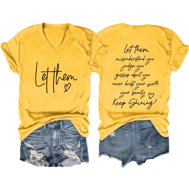 Summer Women Casual Double-Sided Letter Print V-Neck Short-Sleeved T-Shirt