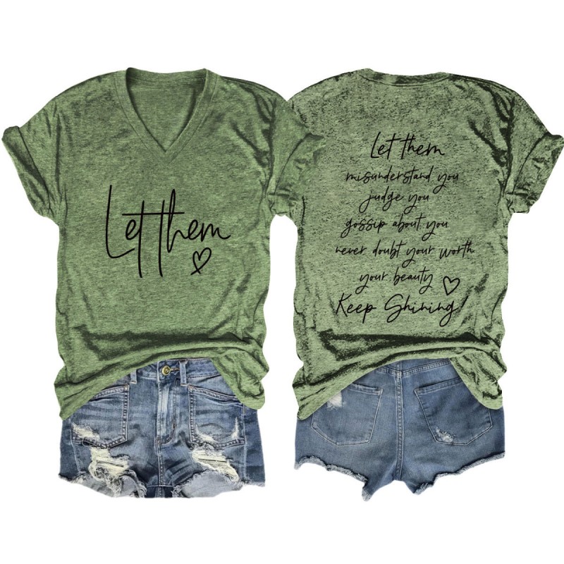 Summer Women Casual Double-Sided Letter Print V-Neck Short-Sleeved T-Shirt