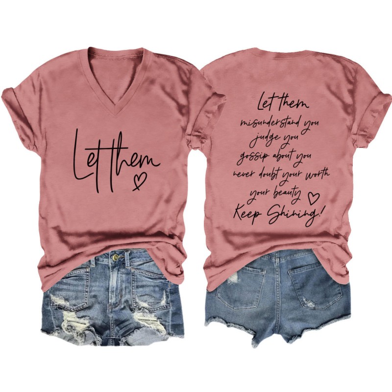 Summer Women Casual Double-Sided Letter Print V-Neck Short-Sleeved T-Shirt