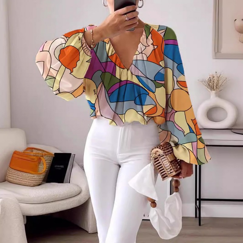 Women Fashion V-Neck Printed Loose Long Sleeve Shirt Top