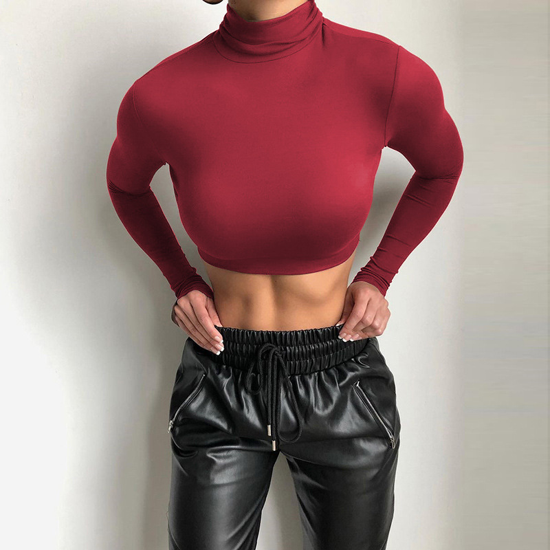 Autumn Women Sexy Slim-Fit Long-Sleeved High-Collar Crop Top