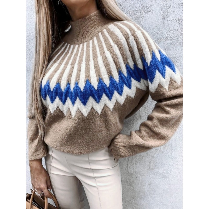 Western Autumn Winter Women Fashion Diamond Half High Collar Long Sleeve Knitted Sweater