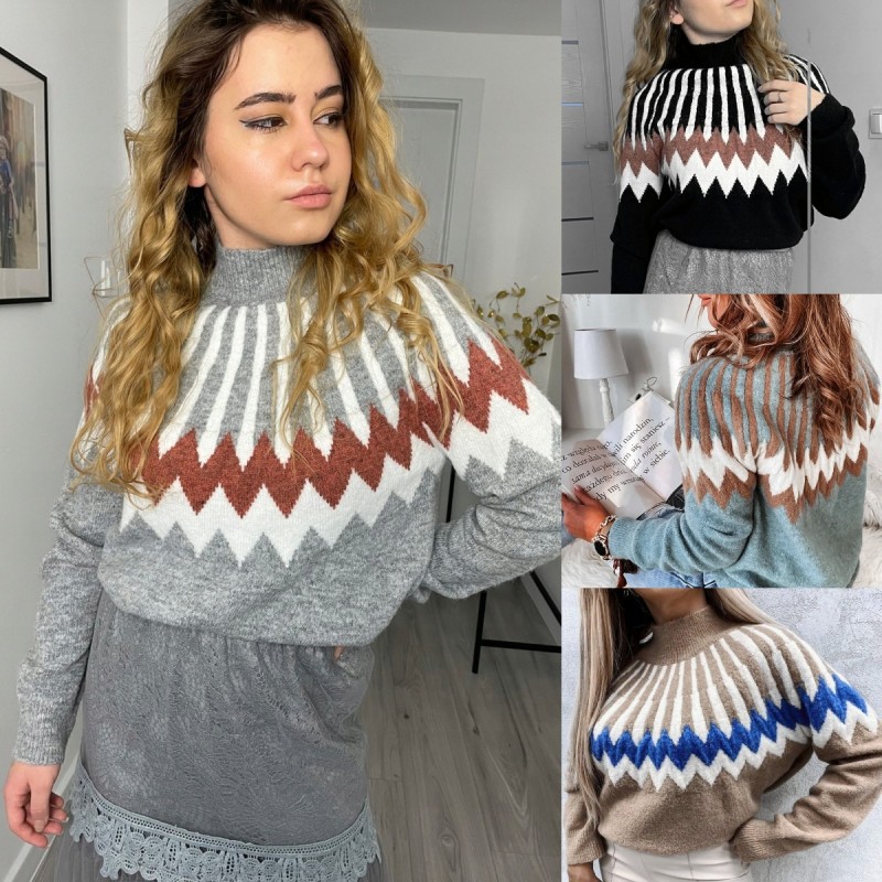 Western Autumn Winter Women Fashion Diamond Half High Collar Long Sleeve Knitted Sweater