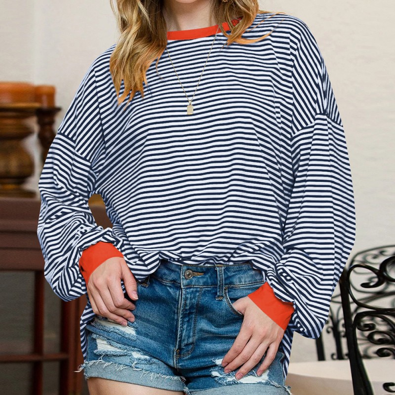 Women Casual Stripe Crewneck Long Sleeve Sweatshirt