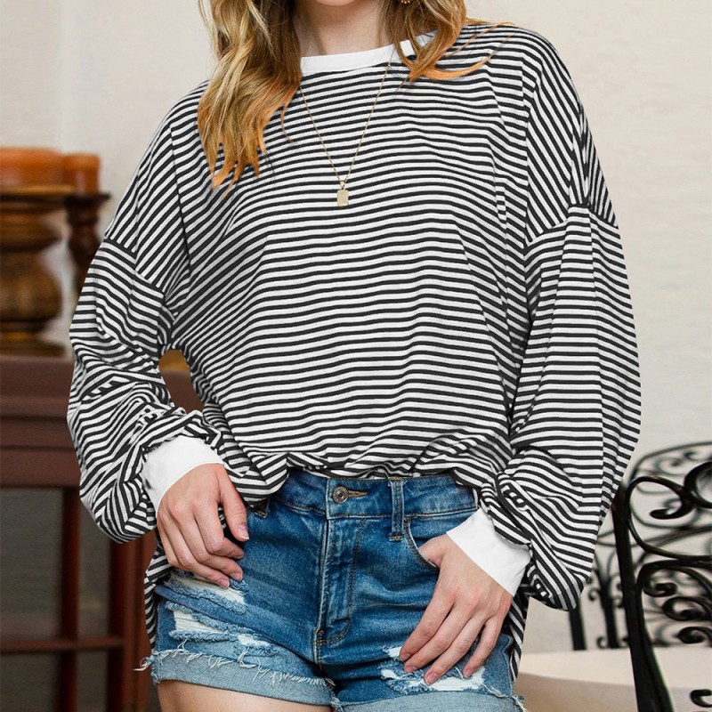 Women Casual Stripe Crewneck Long Sleeve Sweatshir...