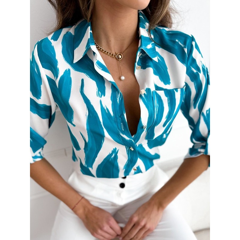 Summer Women Fashion Floral Print Lapel Long Sleeve Shirt