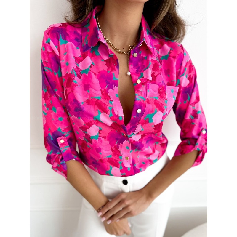 Summer Women Fashion Floral Print Lapel Long Sleeve Shirt