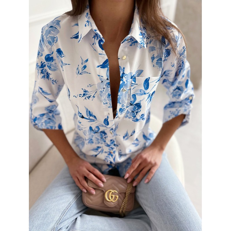 Summer Women Fashion Floral Print Lapel Long Sleeve Shirt